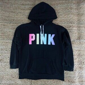 Victoria's Secret PINK Women Hoodie Small Black Fleece Logo Rainbow Pastel